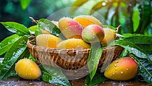 GeneA basket of freshly harvested, ripe mangoes glistens with water droplets, nestled amidst vibrant green leaves.rated image