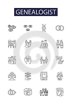 Genealogist line vector icons and signs. Ancestry, Heritage, Tracing, Kin, Lineage, Heirloom, Descent, Pedigree outline