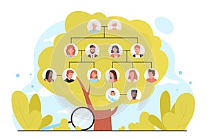 Genealogy, infographic family tree with portraits icons of four generations of relatives