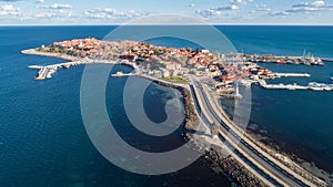 General view of Nessebar, ancient city on the Black Sea coast of Bulgaria. Panoramic aerial view.