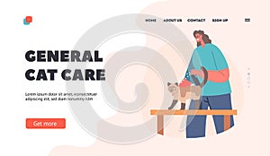 General Cat Care Landing Page Template. Professional Service for Animals. Hairdresser Female Character Spraying Cosmetic