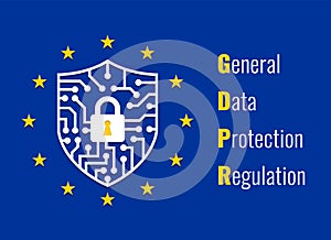 General Data Protection Regulation or GDPR concept with digital lock protect sign and 12 yellow star around vector design