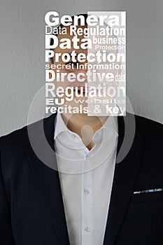 General Data Protection Regulation, GDPR on the face of a man in a business suit, information security concept and personal data