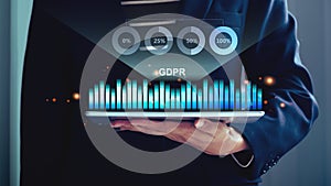 General Data Protection Regulation GDPR with virtual vr business diagram on digital tablet on hands of professional woman
