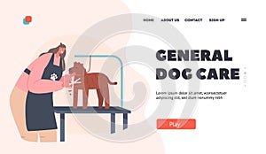 General Dog Care Landing Page Template. Hairdresser Female Character Provides Grooming Service, Cutting Puddle Dog