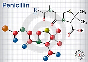 General formula of penicillin PCN molecule. It is a group of antibiotics. Sheet of paper in a cage. Structural chemical formula photo