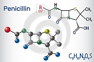 General formula of penicillin PCN molecule. It is a group of antibiotics. Structural chemical formula and molecule model photo