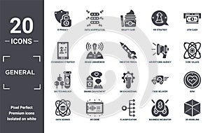 general icon set. include creative elements as e-privacy, atm cash, advertising agency, bioengineering, ar game, bio technology