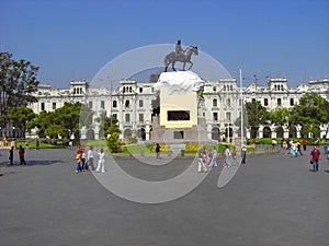 General Jose de San Martin Equestrian Statue in Plaza Mayor, Lima, Peru.