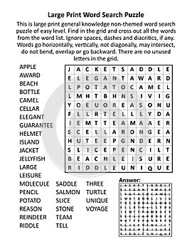 General knowledge word search puzzle. Easy level. Family friendly. Large print. Suitable for seniors, grown-ups, children. Answer