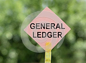 GENERAL LEDGER phrase is printed on a pink traffic sign on a blur nature background