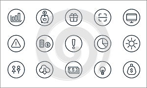 general line icons. linear set. quality vector line set such as money, bills, toilet, light bulb, download, warning, pie chart,