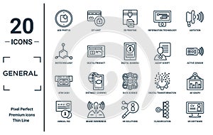 general linear icon set. includes thin line add photos, biotechnology, atm cash, annual fee, hr software, digital banking, ar