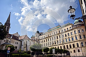 The General Post Office and the Franciscan Church of Bratislava, Slovakia