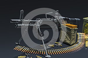 General-purpose machine gun Mk 43 Mod 0 in bipod configuration with linked ammunition bullets.