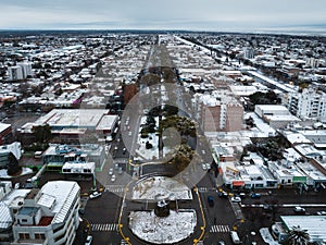 General Roca city center aerial view during snowfall. Patagonia, Argentina photo