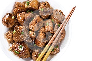 General Tso`s Chicken. Asian chicken, chopped breast fillets with sweet sauce, top view. horizontal view from above