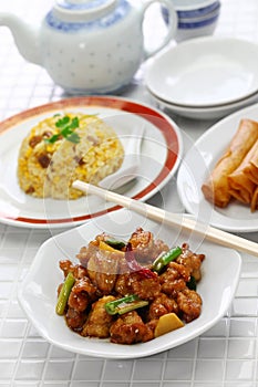 General tsoâ€™s chicken, fried rice, spring rolls