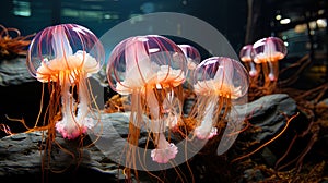 General underwater miracles: bright jellyfish, as if fairies glowing in dark w