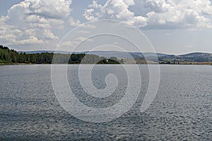 General view of the artificial Vlasina mountain lake surrounded by a pine tree forest in summer