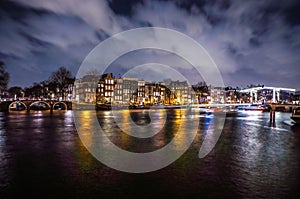 General view of beautiful night Amsterdam city canals