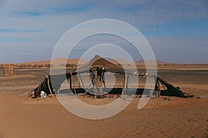 General view of a Berber tent in the Sahara desert, Merzouga.