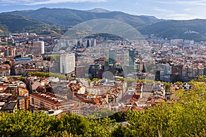 General view of the city center with mountains. Bilbao, Basque Country, Spain