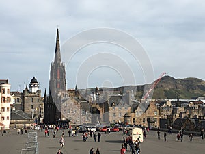 EDINBURGH, SCOTLAND: General view of Edinburgh from Edinburgh Castle with Holyrood Park and Arthur`s Seat