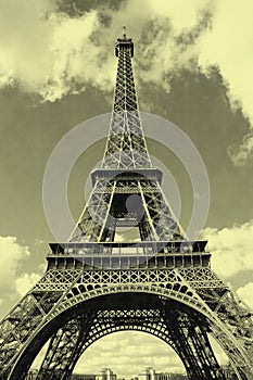 General view of Eiffel tower in Paris with old postcard effect