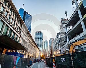 General view of Franfurt, Main, with skyscraper, demolition and construction site