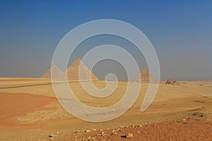 General view of the Giza Pyramids in Cairo. Egypt