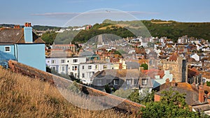 General view of Hastings old town from West Hill with East hills in the background, Hastings, UK