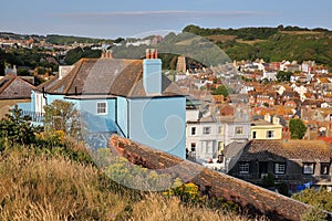 General view of Hastings old town from West Hill with East hills in the background, Hastings, UK