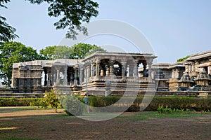 General view of Hoysaleshvara Temple, Halebid, Karnataka. View from North East. Large Nandi mandapas are clearly seen.