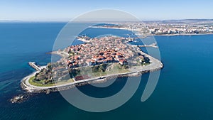 General view of Nessebar, ancient city on the Black Sea coast of Bulgaria. Panoramic aerial view.