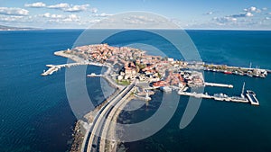 General view of Nessebar, ancient city on the Black Sea coast of Bulgaria. Panoramic aerial view.