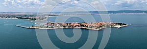 General view of Nessebar, ancient city on the Black Sea coast of Bulgaria. Panoramic aerial view
