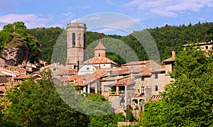 General view of old catalan village in summer day. Besalu