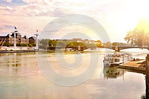 General view of the Rhone river at sunset Lyon France