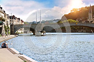 General view of the Saone river at sunset Lyon France