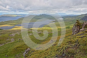 General view from The Storr with Loch Leathan and Loch Fada, Isle of Skye, Highlands, Scotland, UK photo