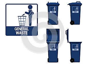 General waste icon and bin on transparent background