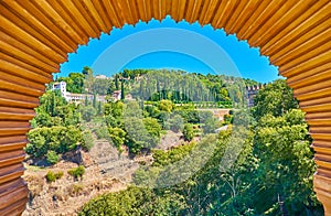 Generalife gardens from Partal palace, Alhambra, Granada, Spain