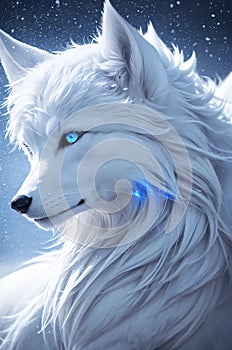 A celestial white wolf from side in the snow fall