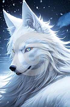 A celestial white wolf from side in the snow fall