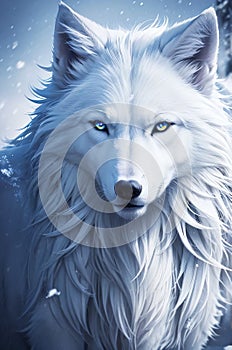 A celestial white wolf from side in the snow fall