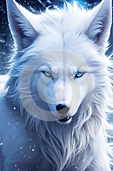 A celestial white wolf from side in the snow fall