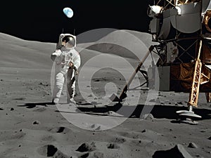 Generate an image capturing the moon landing, featuring a lone astronaut standing on the lunar surface. Show the Apollo 11s Eagle
