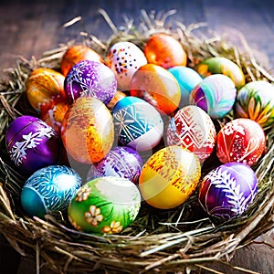 generate an image that conveys the joy of easter featuring vibrant eggs arranged on a hay nest
