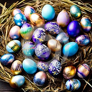 generate an image that conveys the joy of easter featuring vibrant eggs arranged on a hay nest
